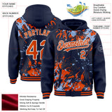 Custom Navy Orange Light Blue-White Splash 3D Pattern Design Bomber Full-Snap Varsity Letterman Hoodie Jacket