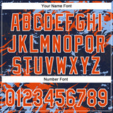Custom Navy Orange Light Blue-White Splash 3D Pattern Design Bomber Full-Snap Varsity Letterman Hoodie Jacket