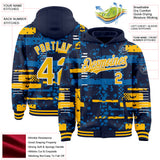 Custom Navy Gold Blue-White Abstract Fragment Shape 3D Pattern Design Bomber Full-Snap Varsity Letterman Hoodie Jacket