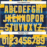 Custom Navy Gold Blue-White Abstract Fragment Shape 3D Pattern Design Bomber Full-Snap Varsity Letterman Hoodie Jacket