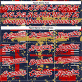 Custom Navy Red Old Gold-White Abstract Fragment Shape 3D Pattern Design Bomber Full-Snap Varsity Letterman Hoodie Jacket