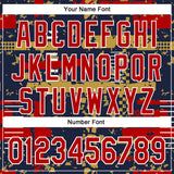 Custom Navy Red Old Gold-White Abstract Fragment Shape 3D Pattern Design Bomber Full-Snap Varsity Letterman Hoodie Jacket