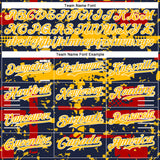 Custom Navy Gold Red-White Abstract Fragment Shape 3D Pattern Design Bomber Full-Snap Varsity Letterman Hoodie Jacket