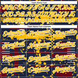 Custom Navy Gold Crimson-White Abstract Fragment Shape 3D Pattern Design Bomber Full-Snap Varsity Letterman Hoodie Jacket