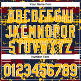 Custom Navy Gold Crimson-White Abstract Fragment Shape 3D Pattern Design Bomber Full-Snap Varsity Letterman Hoodie Jacket