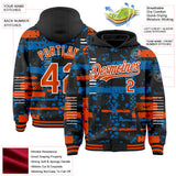Custom Black Orange Blue-White Abstract Fragment Shape 3D Pattern Design Bomber Full-Snap Varsity Letterman Hoodie Jacket
