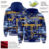 Custom Royal Light Blue Old Gold-White Abstract Fragment Shape 3D Pattern Design Bomber Full-Snap Varsity Letterman Hoodie Jacket