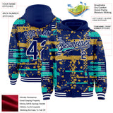 Custom Royal Aqua Old Gold-White Abstract Fragment Shape 3D Pattern Design Bomber Full-Snap Varsity Letterman Hoodie Jacket
