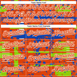 Custom Orange Neon Green Thunder Blue-White Abstract Fragment Shape 3D Pattern Design Bomber Full-Snap Varsity Letterman Hoodie Jacket