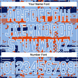 Custom Light Blue Royal Orange-White Abstract Fragment Shape 3D Pattern Design Bomber Full-Snap Varsity Letterman Hoodie Jacket