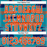 Custom Teal Orange Royal-White Abstract Fragment Shape 3D Pattern Design Bomber Full-Snap Varsity Letterman Hoodie Jacket