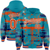 Custom Teal Orange Royal-White Abstract Fragment Shape 3D Pattern Design Bomber Full-Snap Varsity Letterman Hoodie Jacket