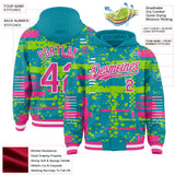 Custom Teal Pink Neon Green-White Abstract Fragment Shape 3D Pattern Design Bomber Full-Snap Varsity Letterman Hoodie Jacket