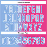 Custom Light Blue Pink-White Gradient Line Bomber Full-Snap Varsity Letterman Hoodie Jacket