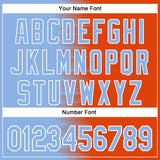 Custom Light Blue Orange-White Gradient Line Bomber Full-Snap Varsity Letterman Hoodie Jacket