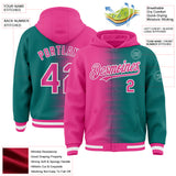 Custom Pink Teal-White Gradient Line Bomber Full-Snap Varsity Letterman Hoodie Jacket