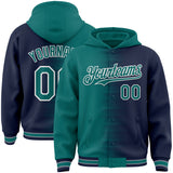 Custom Teal Navy-White Gradient Line Bomber Full-Snap Varsity Letterman Hoodie Jacket