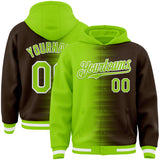 Custom Neon Green Brown-White Gradient Line Bomber Full-Snap Varsity Letterman Hoodie Jacket