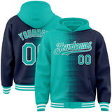 Custom Aqua Navy-White Gradient Line Bomber Full-Snap Varsity Letterman Hoodie Jacket