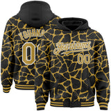 Custom Black Old Gold-White Abstract Network 3D Pattern Design Bomber Full-Snap Varsity Letterman Hoodie Jacket