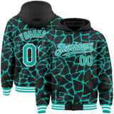 Custom Black Aqua-White Abstract Network 3D Pattern Design Bomber Full-Snap Varsity Letterman Hoodie Jacket
