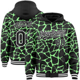 Custom Black Pea Green-White Abstract Network 3D Pattern Design Bomber Full-Snap Varsity Letterman Hoodie Jacket
