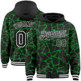 Custom Black Grass Green-White Abstract Network 3D Pattern Design Bomber Full-Snap Varsity Letterman Hoodie Jacket