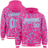 Custom Pink Light Blue-White Abstract Network 3D Pattern Design Bomber Full-Snap Varsity Letterman Hoodie Jacket