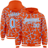 Custom Orange Light Blue-White Abstract Network 3D Pattern Design Bomber Full-Snap Varsity Letterman Hoodie Jacket