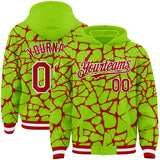 Custom Neon Green Red-White Abstract Network 3D Pattern Design Bomber Full-Snap Varsity Letterman Hoodie Jacket