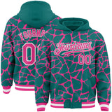 Custom Teal Pink-White Abstract Network 3D Pattern Design Bomber Full-Snap Varsity Letterman Hoodie Jacket