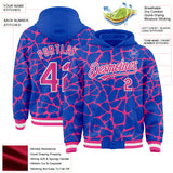 Custom Thunder Blue Pink-White Abstract Network 3D Pattern Design Bomber Full-Snap Varsity Letterman Hoodie Jacket