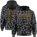 Custom Black Gray-Old Gold Abstract Network 3D Pattern Design Bomber Full-Snap Varsity Letterman Hoodie Jacket
