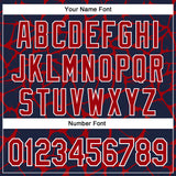 Custom Navy Red-White Abstract Network 3D Pattern Design Bomber Full-Snap Varsity Letterman Hoodie Jacket