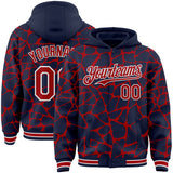 Custom Navy Red-White Abstract Network 3D Pattern Design Bomber Full-Snap Varsity Letterman Hoodie Jacket