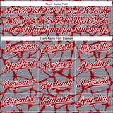Custom Gray Red-White Abstract Network 3D Pattern Design Bomber Full-Snap Varsity Letterman Hoodie Jacket