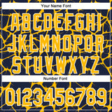 Custom Navy Gold-White Abstract Network 3D Pattern Design Bomber Full-Snap Varsity Letterman Hoodie Jacket