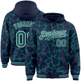 Custom Navy Teal-White Abstract Network 3D Pattern Design Bomber Full-Snap Varsity Letterman Hoodie Jacket