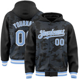 Custom Black Light Blue-White Curve Lines 3D Pattern Design Bomber Full-Snap Varsity Letterman Hoodie Jacket