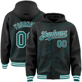 Custom Black Teal-White Curve Lines 3D Pattern Design Bomber Full-Snap Varsity Letterman Hoodie Jacket