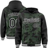 Custom Black Pea Green-White Curve Lines 3D Pattern Design Bomber Full-Snap Varsity Letterman Hoodie Jacket