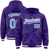 Custom Purple Light Blue-White Curve Lines 3D Pattern Design Bomber Full-Snap Varsity Letterman Hoodie Jacket