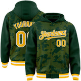 Custom Green Gold-White Curve Lines 3D Pattern Design Bomber Full-Snap Varsity Letterman Hoodie Jacket