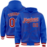 Custom Thunder Blue Red-White Curve Lines 3D Pattern Design Bomber Full-Snap Varsity Letterman Hoodie Jacket