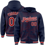 Custom Navy Red-White Curve Lines 3D Pattern Design Bomber Full-Snap Varsity Letterman Hoodie Jacket