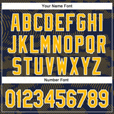 Custom Navy Gold-White Curve Lines 3D Pattern Design Bomber Full-Snap Varsity Letterman Hoodie Jacket