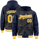Custom Navy Gold-White Curve Lines 3D Pattern Design Bomber Full-Snap Varsity Letterman Hoodie Jacket