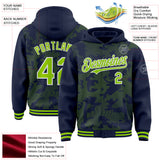 Custom Navy Neon Green-White Curve Lines 3D Pattern Design Bomber Full-Snap Varsity Letterman Hoodie Jacket