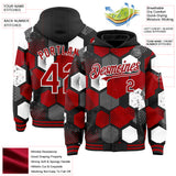 Custom Black Red-White Geometric Shape 3D Pattern Design Bomber Full-Snap Varsity Letterman Hoodie Jacket