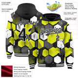 Custom Black Neon Yellow-White Geometric Shape 3D Pattern Design Bomber Full-Snap Varsity Letterman Hoodie Jacket